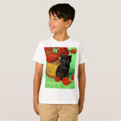 Van Gogh Zwart Kitten Rood Bloemen T-shirt (Voorkant volledig)