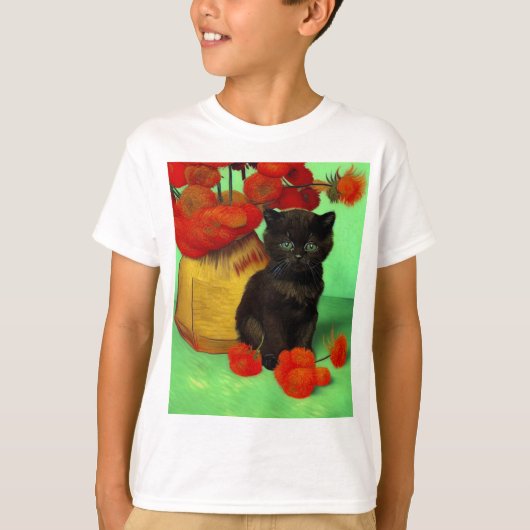 Van Gogh Zwart Kitten Rood Bloemen T-shirt (Voorkant)