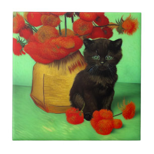 Van Gogh Zwart Kitten Rood Bloemen Tegeltje