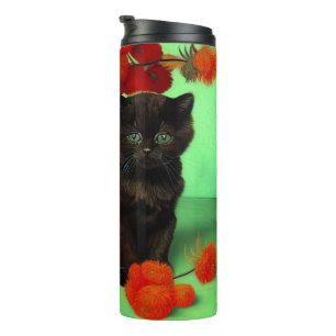 Van Gogh Zwart Kitten Rood Bloemen Thermosbeker