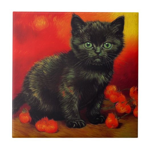 Van Gogh Zwart Kitten Tegeltje (Voorkant)