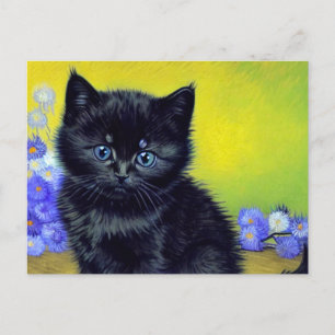 Van Gogh Zwarte Kat Paarse Bloemen Feestdagenkaart