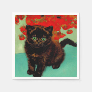 Van Gogh Zwarte Kat Rode Bloemen Servet