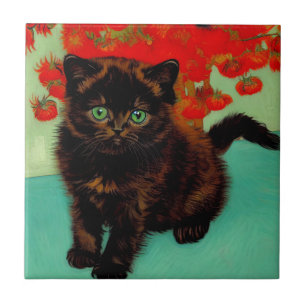 Van Gogh Zwarte Kat Rode Bloemen Tegeltje