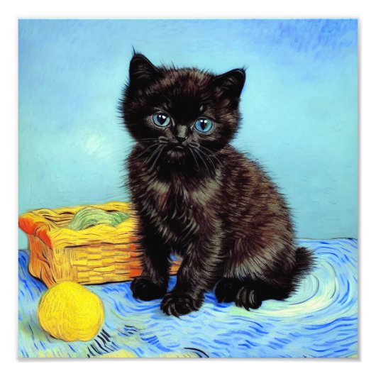 Van Gogh Zwarte Kitten met Garenspool Foto Afdruk (Voorkant)