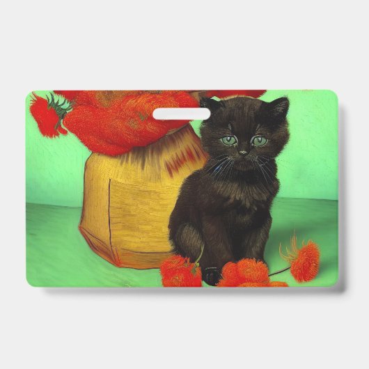 Van Gogh Zwarte Kitten Rode Bloemen Badge (Voorzijde)