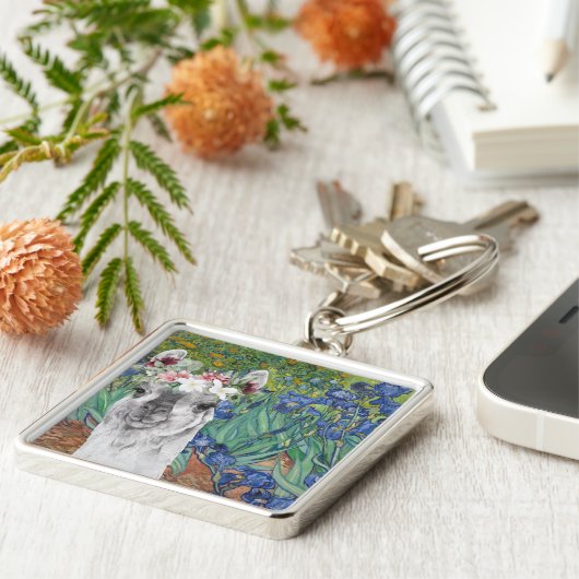 Van Gogh's Irises en Fancy Llama Sleutelhanger (Zijkant)