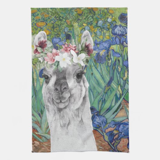 Van Gogh's Irises en Fancy Llama Theedoek (Verticaal)