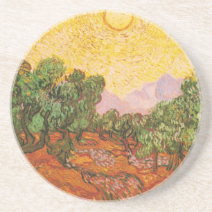 Van Gogh's olijfbomen met gele hemel en zon Zandsteen Onderzetter