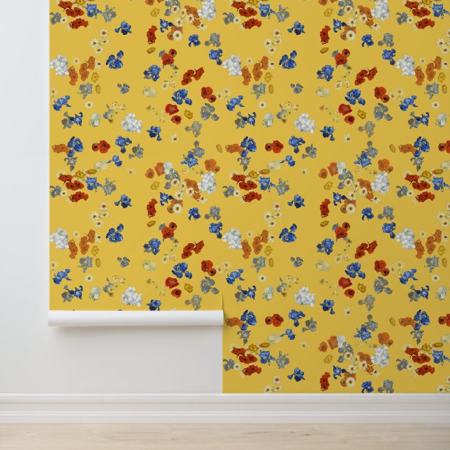 Van Goghs Papaver en Iris Bloemen Mosterdgeel Behang (Applicatie)