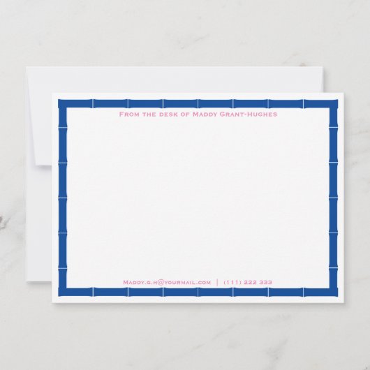 Van het bureau van chic blauw en wit bamboe frame notitiekaartje (Voorkant)