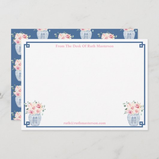 Van het bureau van de Preppy Navy en de blush Roze Bedankkaart (Voorkant / Achterkant)