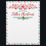 Van het bureau van Santa Father Christmas Waterver Briefhoofd<br><div class="desc">Dit feestelijke kerstontwerp bevat de tekst 'From the Desk of Santa/ Father Christmas' met waterverf-afbeeldingen, waaronder een groot spandoek met veel rode en witte snoepstokken, lolly's en pepermunt snoep met kerstwintergreens zoals dennennaalden en hulst. Er is een rood en groen gestreepte rand en op de achterkant is een rood en...</div>