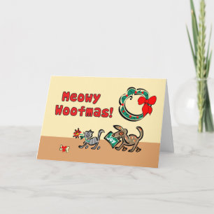 Van Hond & Kat bij Kerstmis, Grappige Kroon, Feestdagen Kaart