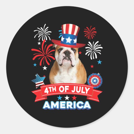 Van juli Patriottische Dag Engelse Bulldog Hond On Ronde Sticker (Voorkant)