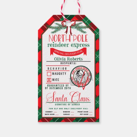 Van kerstman met rood en groen kerstfeest cadeaulabel (Voorkant)