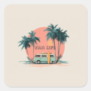 Van Leven – Retro Strand Camper Kunst Vierkante Sticker