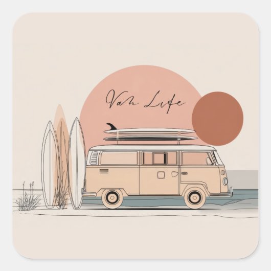 Van Life Surf Van – Retro Beach Camper Aesthetic  Vierkante Sticker (Voorkant)