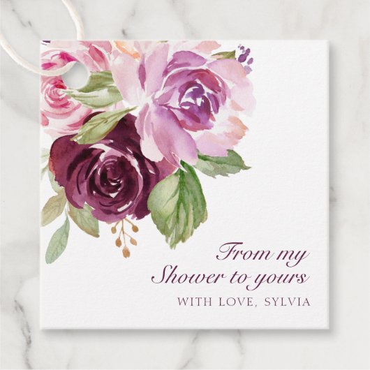 Van mijn douche naar de jouwe pruimen bloemige bru bedankjes labels (Voorkant)