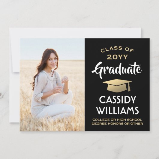 Van Ouders Foto Zwart, Wit & Goud Afstuderen Aankondiging (Voorkant)