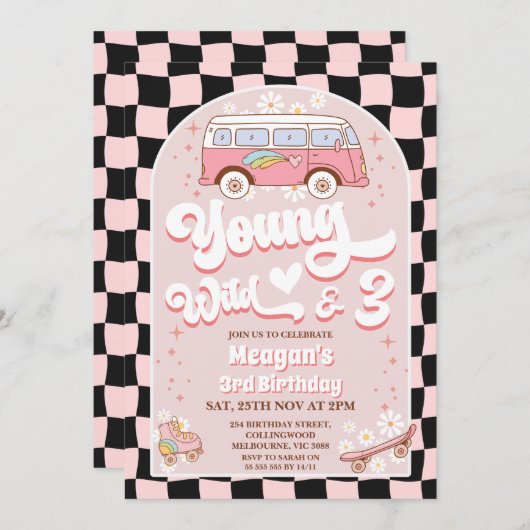 Van Pink Young Wild en drie 3e verjaardag Kaart (Voorkant / Achterkant)