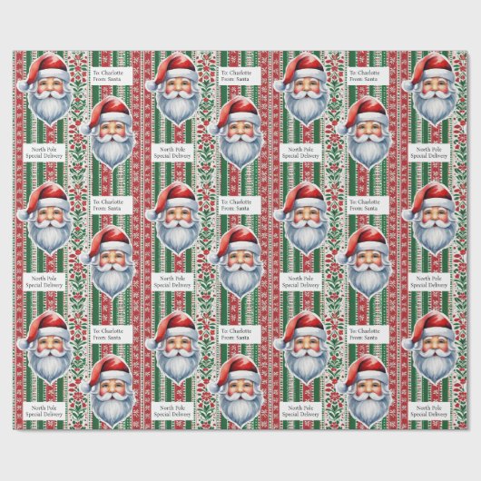 Van Santa Child's Naam Rood & Groen Noordpool Cadeaupapier (Vlak)