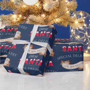 Van Santa Jouw naam op Navy Blue Christmas Cadeaupapier