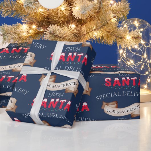 Van Santa Jouw naam op Navy Blue Christmas Cadeaupapier (Feestdagen)