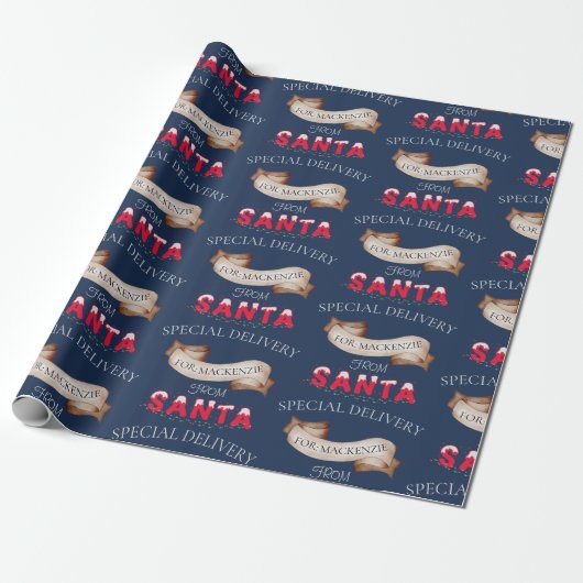 Van Santa Jouw naam op Navy Blue Christmas Cadeaupapier (Uitgerold)