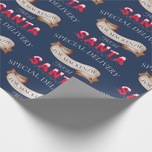 Van Santa Jouw naam op Navy Blue Christmas Cadeaupapier (Hoek)