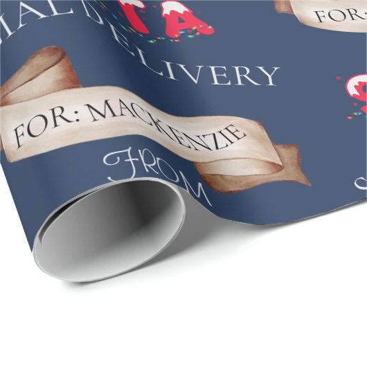 Van Santa Jouw naam op Navy Blue Christmas Cadeaupapier (Rol Hoek)