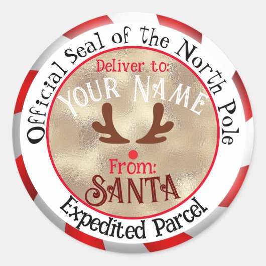 Van Santa Officieel zeehond Rudolph Face op Gold Ronde Sticker (Voorkant)