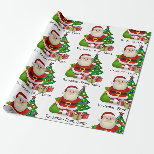 Van Santa Voeg kindernaam toe Custom Christmas Cadeaupapier (Uitgerold)