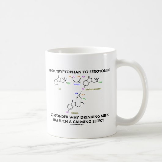 Van tryptofaan tot serotonine (chemie-Humor) Koffiemok (Rechts)