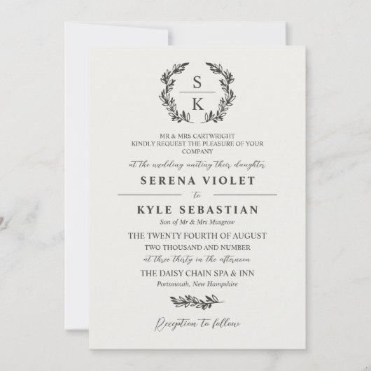 Van White Grey Laurel Wreath Monogram Weddenschap Kaart (Voorkant)
