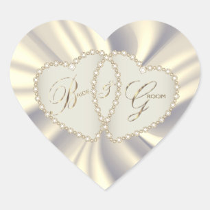 Van White Satin Bride & Groom   Dubbele harten Hart Sticker