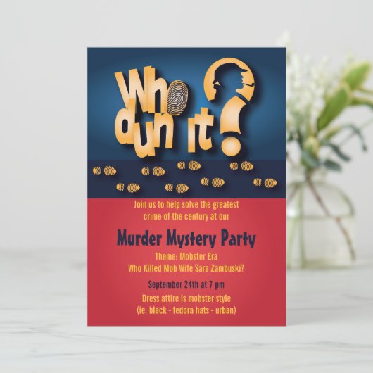 Van wie? Murder Mystery Party Invitation Kaart (Staand voorkant)