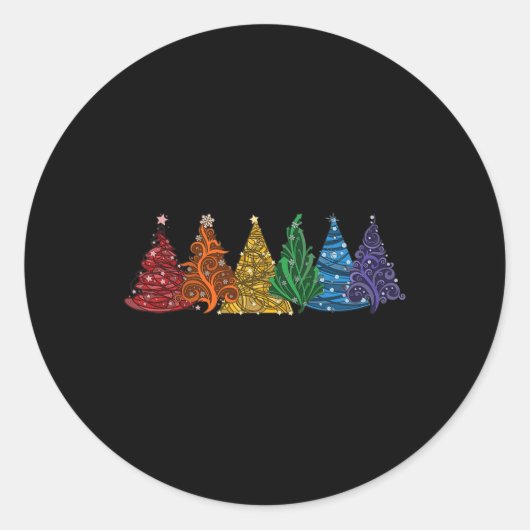 Van Zes LHBTQ Pride Regenboog Kerstbomen Vector Ronde Sticker (Voorkant)