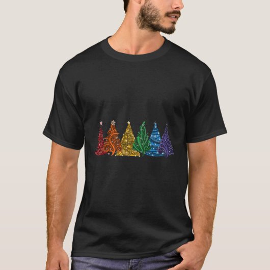 Van Zes LHBTQ Pride Regenboog Kerstbomen Vector T-shirt (Voorkant)