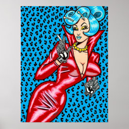 Vana DeVinyl™/Rode Vinyl Jurk/Blauwe Luipaard Post Poster