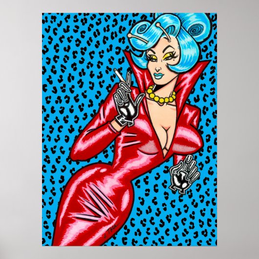 Vana DeVinyl™/Rode Vinyl Jurk/Blauwe Luipaard Poster (Voorkant)