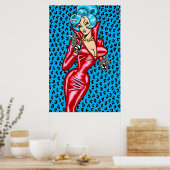 Vana DeVinyl™/Rood Vinyl Jurk/Blauw Poster (Keuken)
