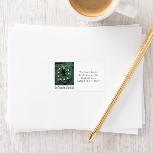 Vanaf ons nieuwe adres kerstmis etiket (Insitu)