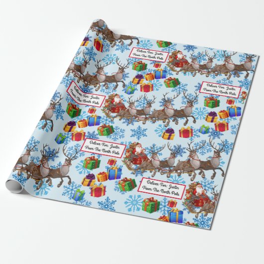 Vanaf Santa Voeg kindernaam rendier sleigh Cadeaupapier (Uitgerold)