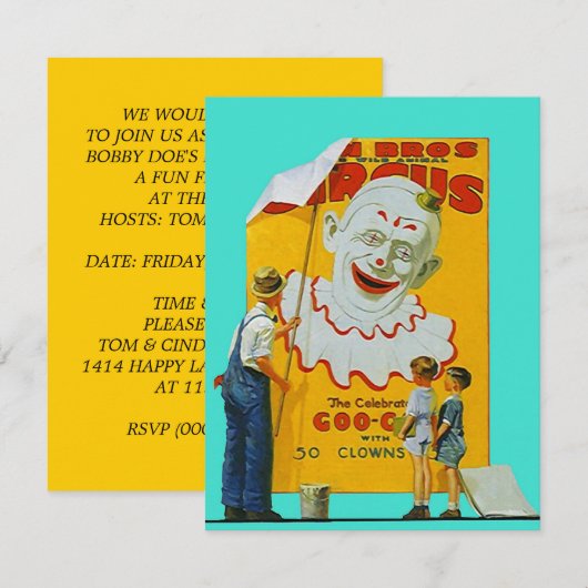 VANAVOND CIRCUS GESLOTEN PARTIJ THEME INVITE INVIT KAART (Voorkant / Achterkant)
