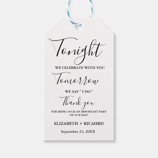 Vanavond vieren we bruiloft repetitie diner teken cadeaulabel (Voorkant)