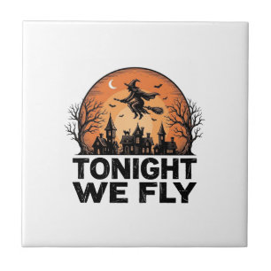 Vanavond Vliegen Vintage Heks Halloween Shirt Ontw Tegeltje