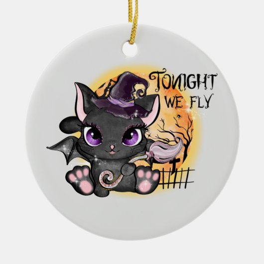 Vanavond vliegen we - Black Witch Cat Keramisch Ornament (Voorkant)