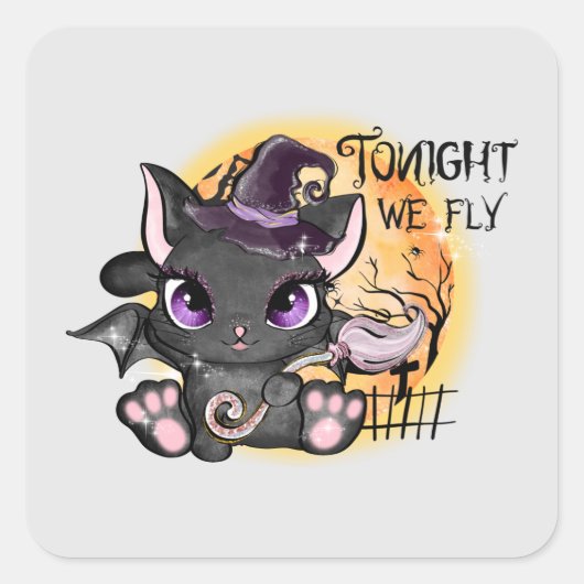 Vanavond vliegen we - Black Witch Cat Vierkante Sticker (Voorkant)