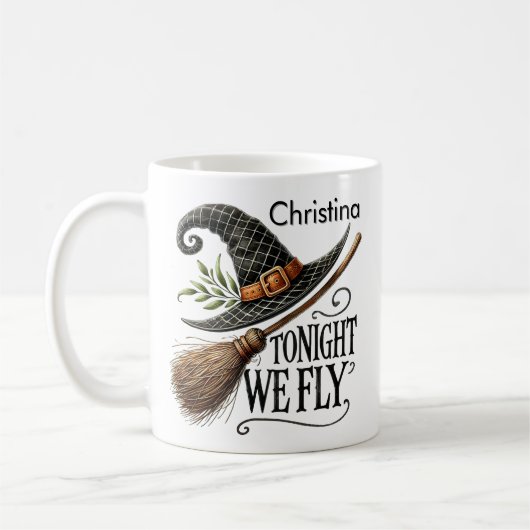 Vanavond vliegen we met pet en bezemheks koffiemok (Links)